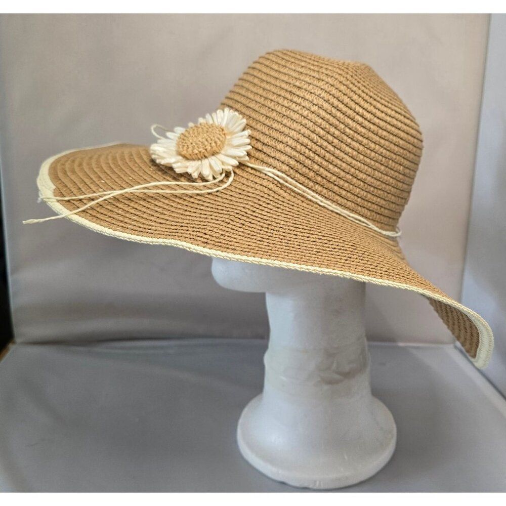 Wide Brim Floppy Straw Hat Daisy Flower Accent Natural Beige Summer beach nautic
